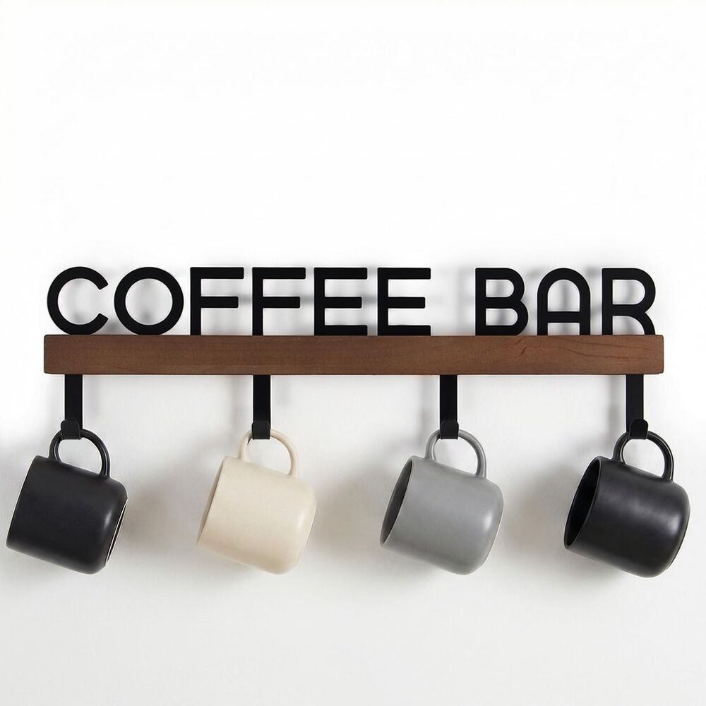 WOPARTY Metal Wood Coffee Bar Mug Holder with 4 Hooks, Brown